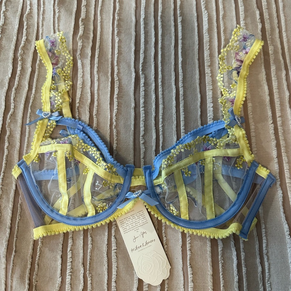 For Love And Lemons Blue and Yellow Lace Bra